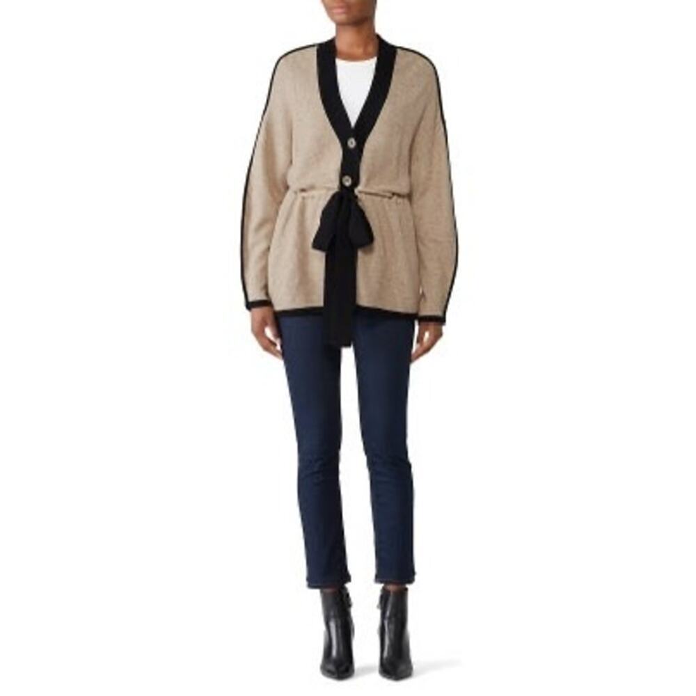 WHITE + WARREN Almond Black Merino Wool Button Belted Oversized Cardigan Size M